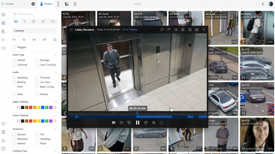 UniFi Protect event search and recorded playback interface